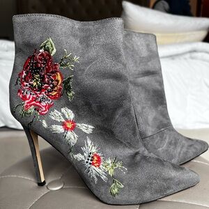 Bebe Flower Embroidered Gray Ankle Booties